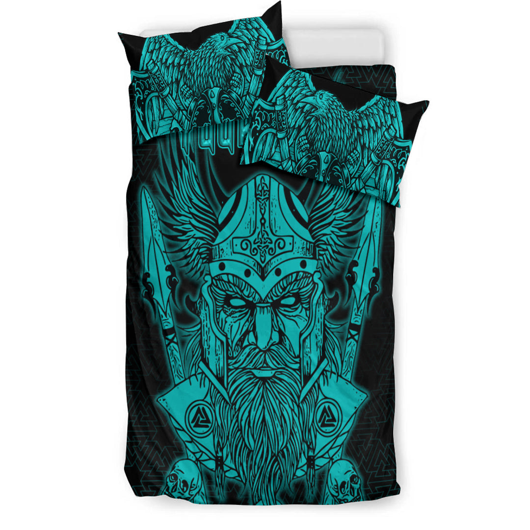 Viking Bedding Set Odin And Raven Turquoise Text Ver02