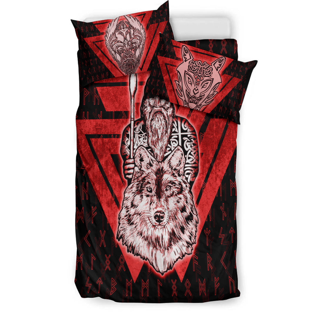 Viking Bedding Set Viking Odin Wolf Red