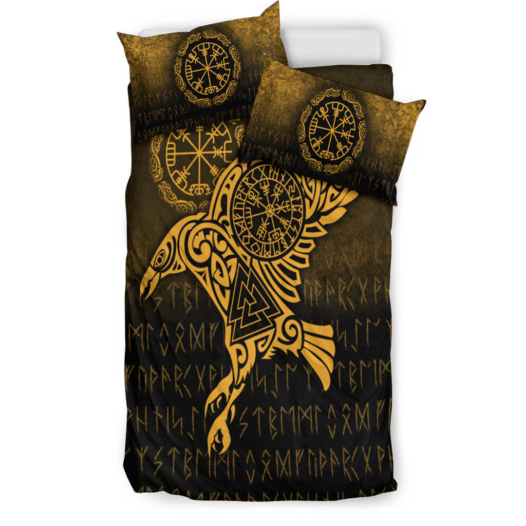 Viking Bedding Set Raven Vegvisir Tattoo Gold Version