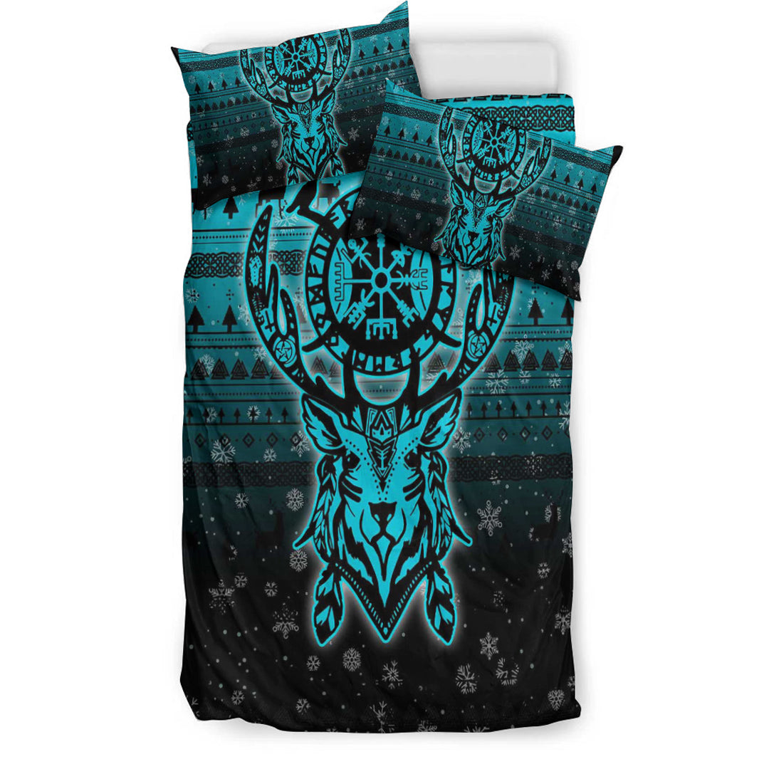 Viking Bedding Set Viking Reindeer Vegvisir Cyan