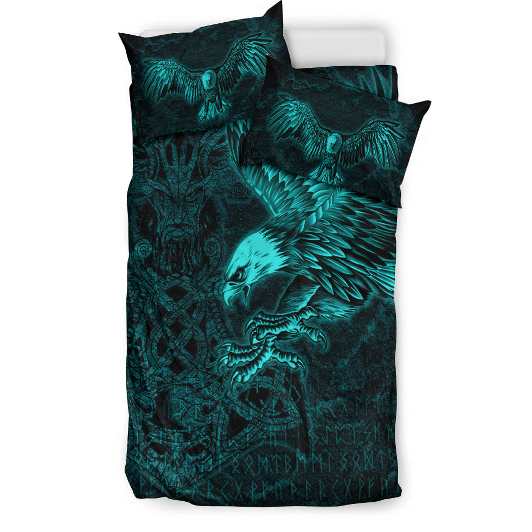 Viking Bedding Set Raven Mjolnir Turquoise Tree Cletic