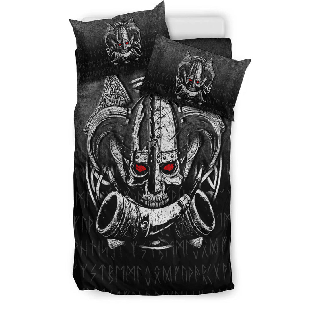 Viking Bedding Set Nordic Mythology Skull Mead Horn Warrior Runes Style