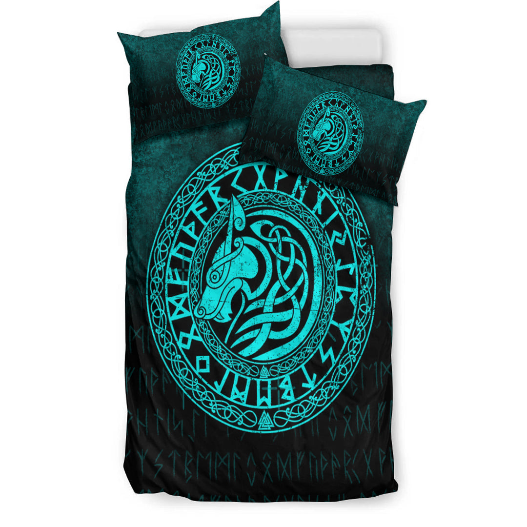 Viking Bedding Set Viking Wolf Cyan Version