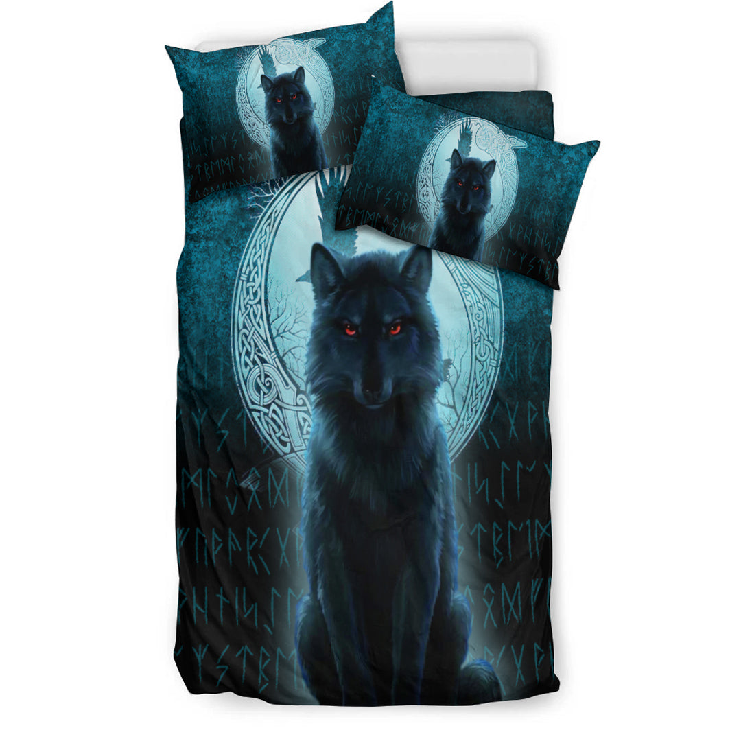 Viking Bedding Set Fenrir Viking Wolf Cyan Version