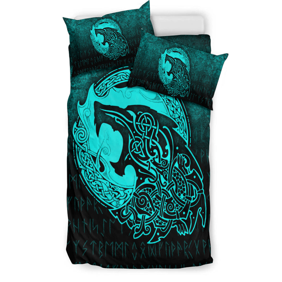 Viking Bedding Set Fenrir Viking 3D Tattoo Cyan Version