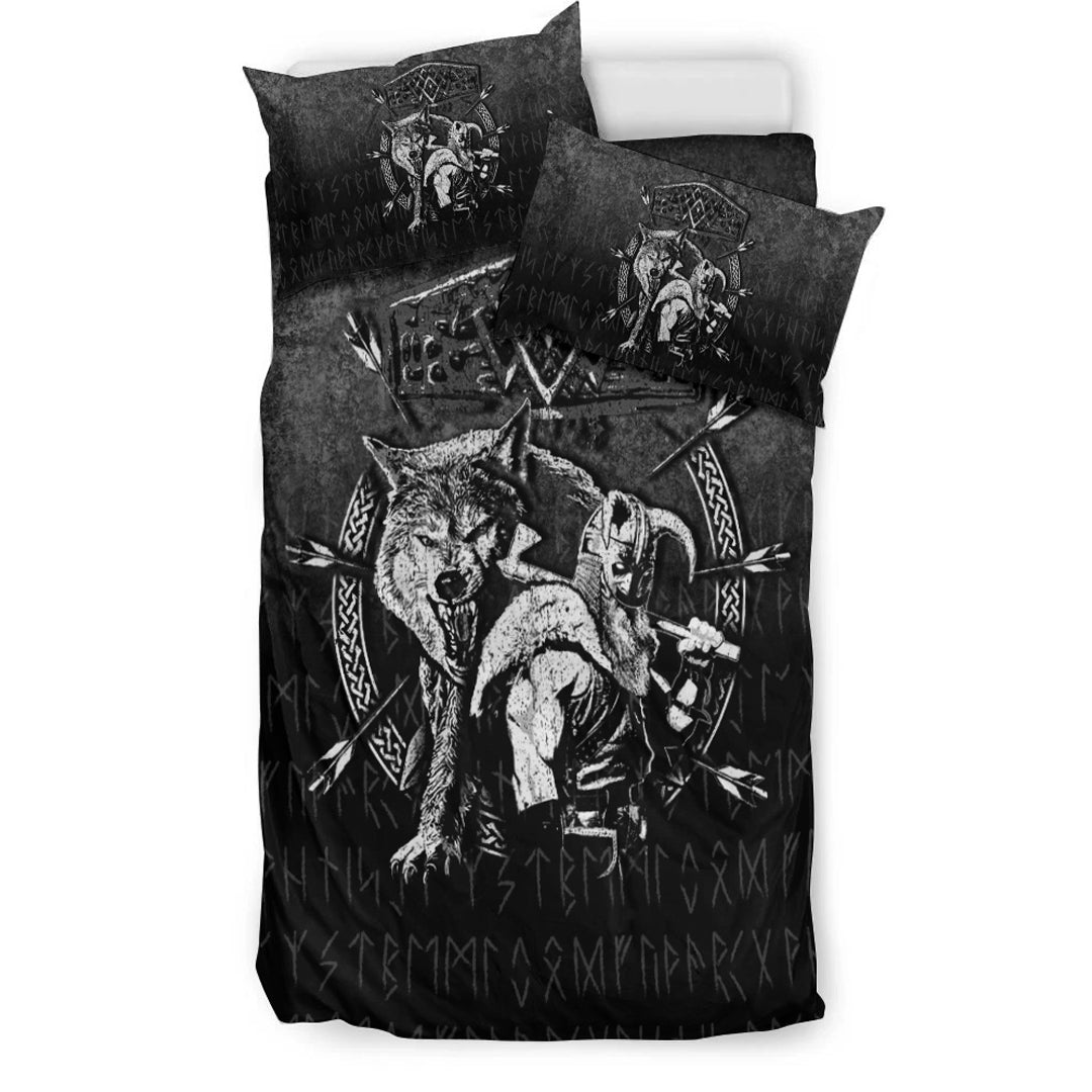 Viking Bedding Set Fenrir Wolf Of Odin Norse Runes Thor Hammer Mjolnir