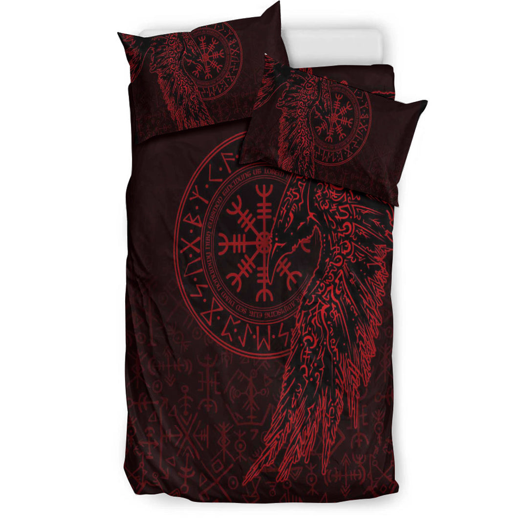 Viking Bedding Set Raven and Helm of Awe Red