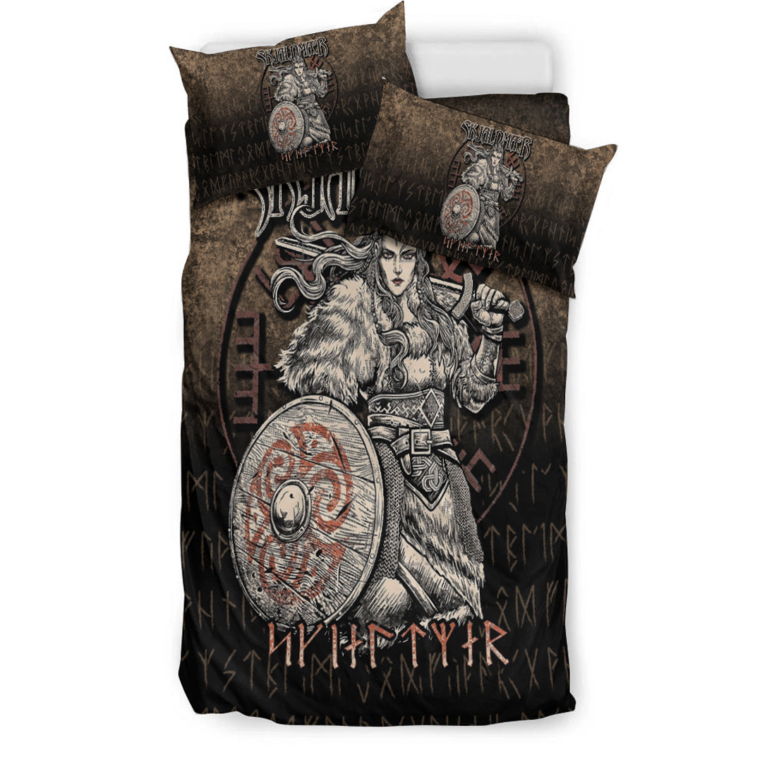 Viking Bedding Set Skjaldmaer Shieldmaiden Norse Younger Futhark Runes Female Viking Warrior Vegvisir