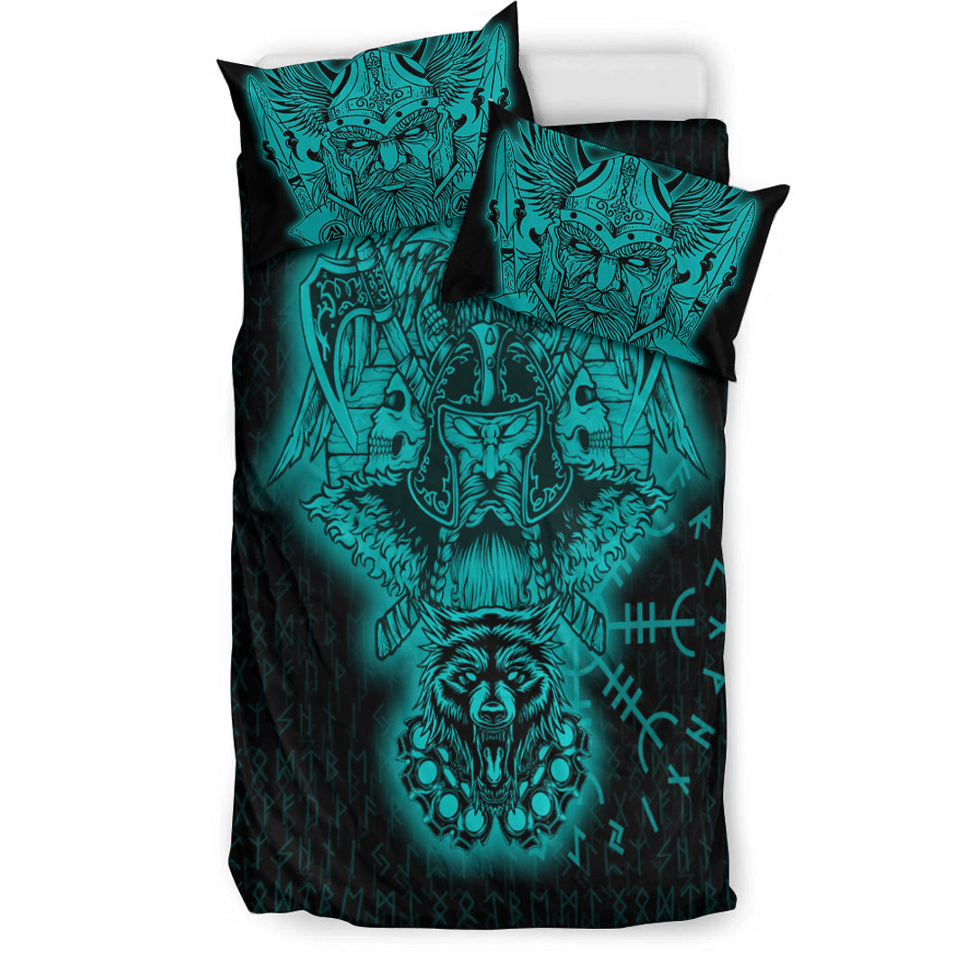 Viking Bedding Set Odin And Raven Wolf Turquoise