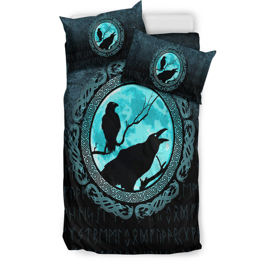 Viking Bedding Set Vikings Huginn Muninn Odin’s Ravens Cyan Version