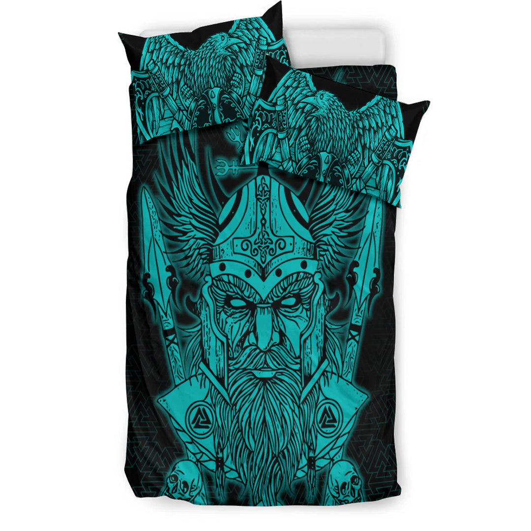 Viking Bedding Set Odin And Raven Turquoise Text Ver01