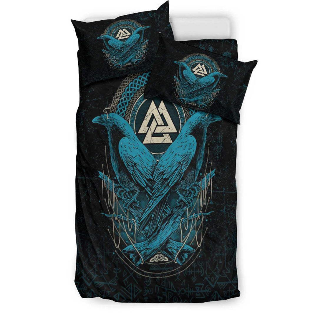 Viking Bedding Set Huginn and Muninn Valknut Cyan Style