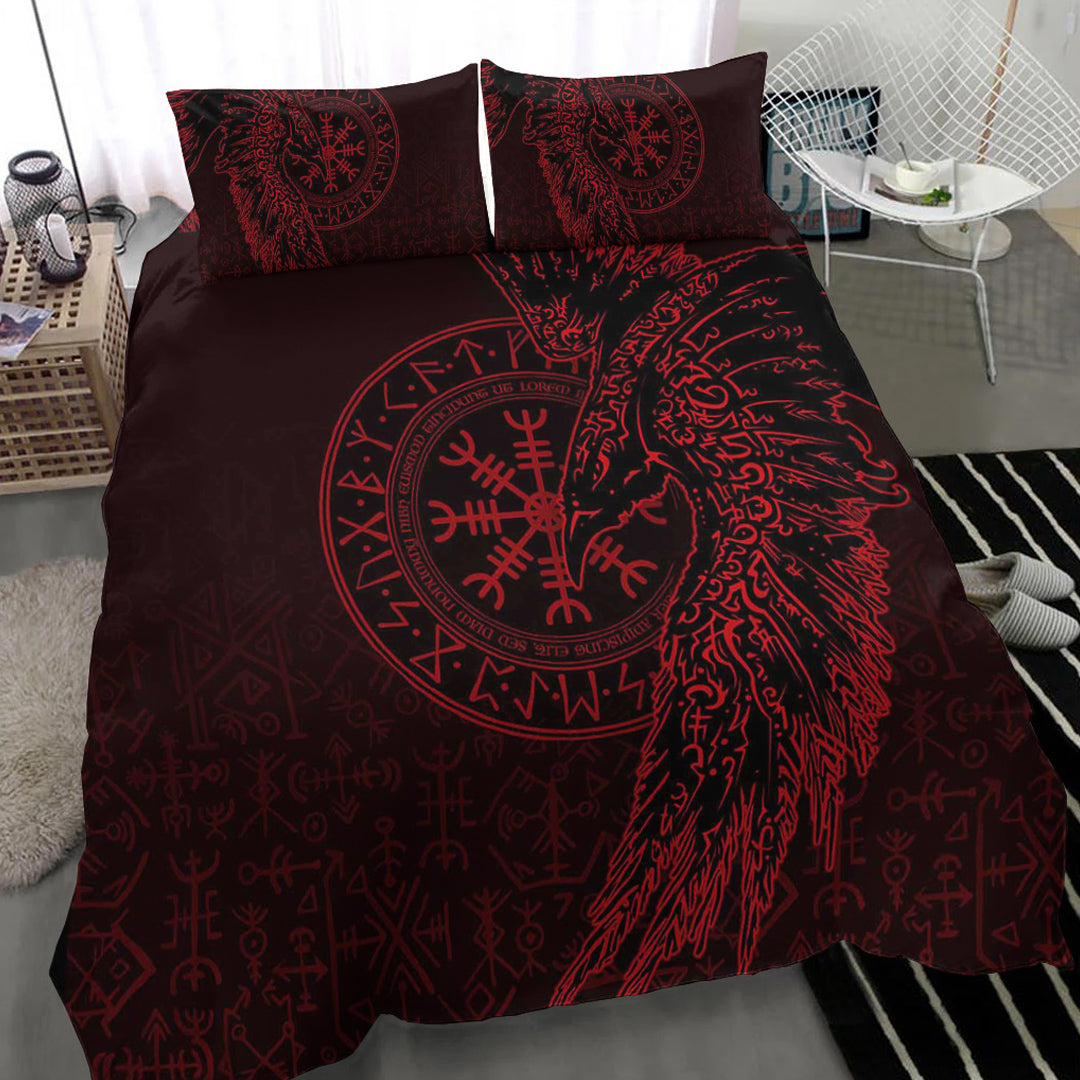 Viking Bedding Set Raven and Helm of Awe Red