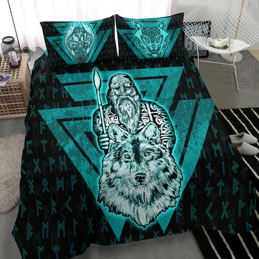 Viking Bedding Set Viking Odin Wolf Turquoise