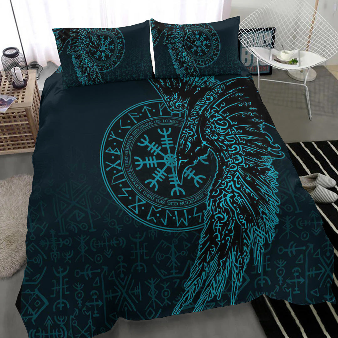 Viking Bedding Set Raven and Helm of Awe Cyan