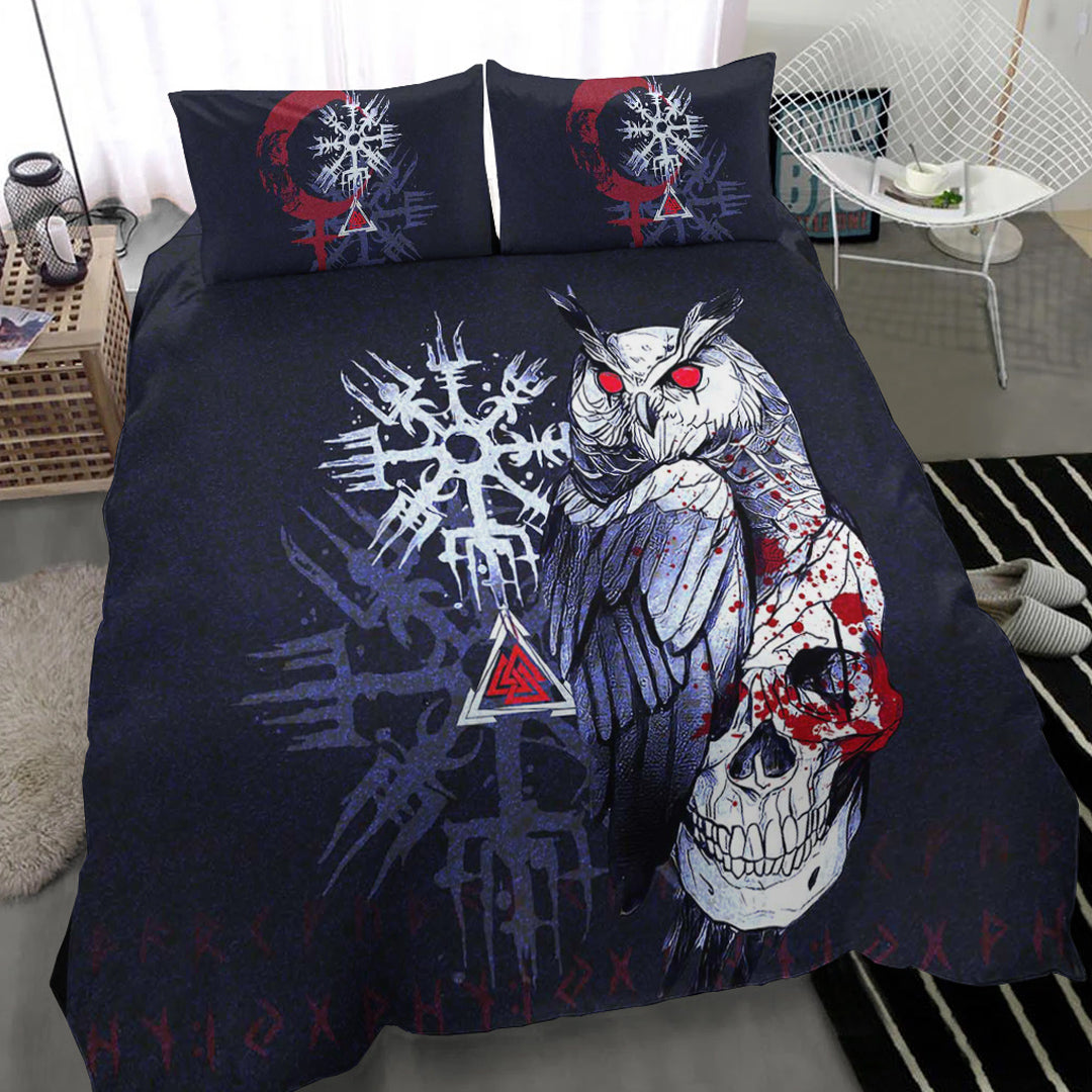 Viking Bedding Set Viking Owl Skull Blood Blue Style