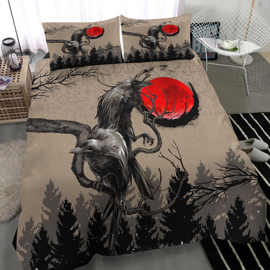 Viking Bedding Set Viking Huginn and Muninn Raven on Tree Branch and Blood Moon