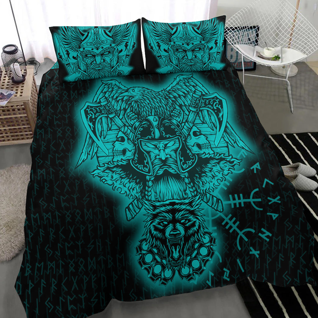 Viking Bedding Set Odin And Raven Wolf Turquoise