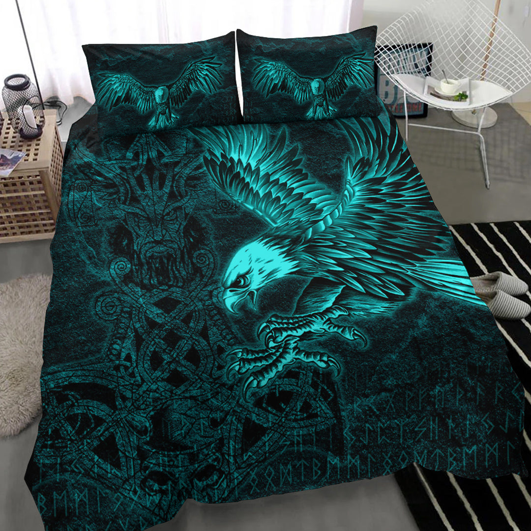 Viking Bedding Set Raven Mjolnir Turquoise