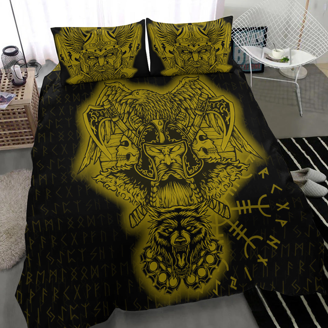 Viking Bedding Set Odin And Raven Wolf Gold