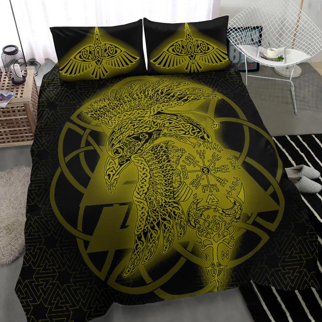 Viking Bedding Set Raven Valknut Gold