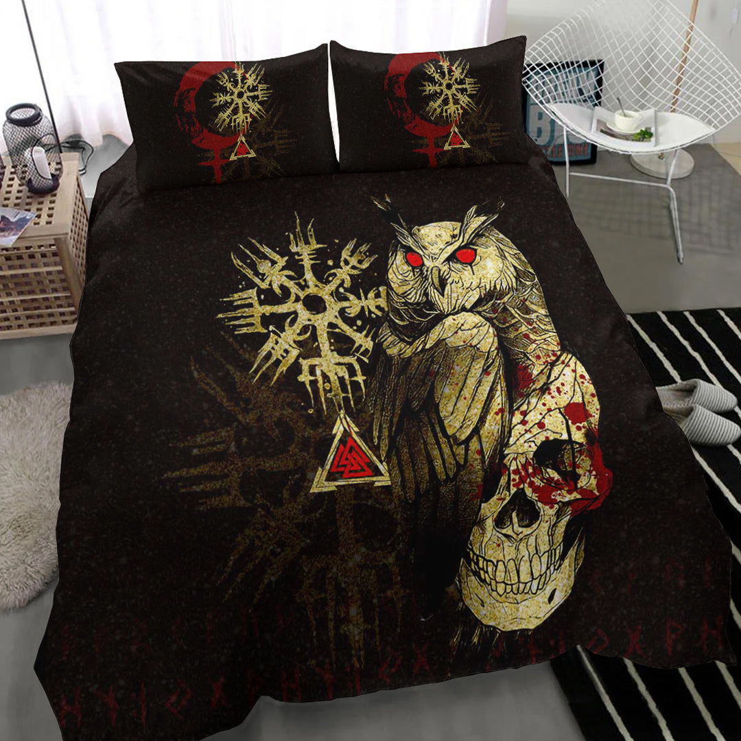 Viking Bedding Set Viking Owl Skull Blood Gold Style