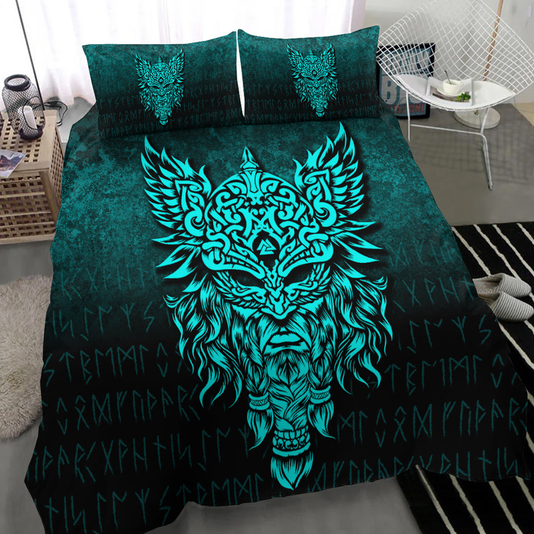 Viking Bedding Set Odin The Allfather Asgard God And Chief Of Aesir Cyan Version