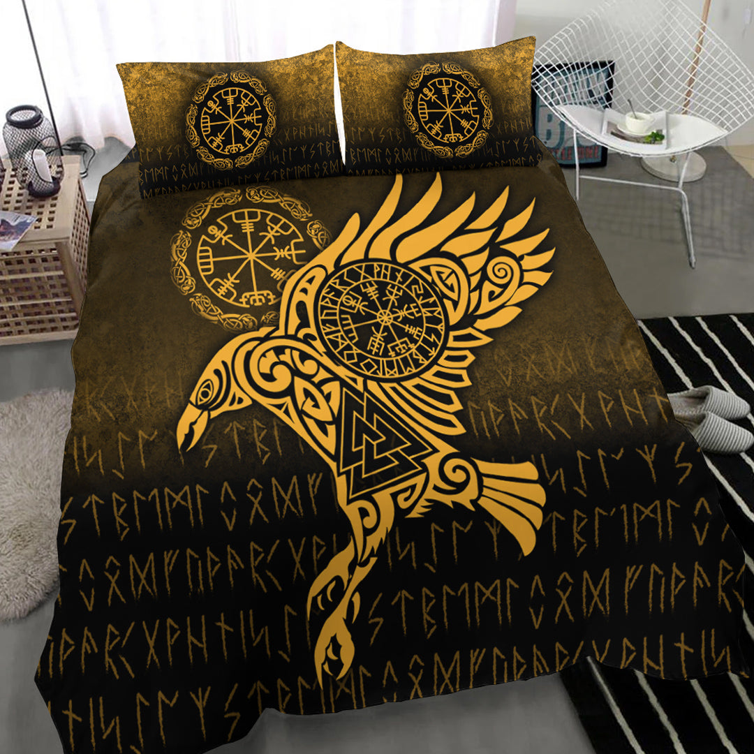 Viking Bedding Set Raven Vegvisir Tattoo Gold Version