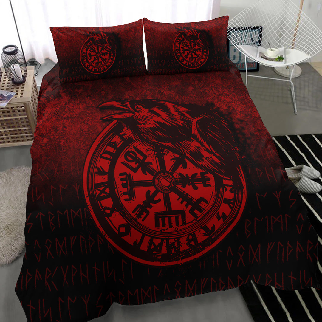 Viking Bedding Set Viking Vegvisir Rune with Crow Red Version