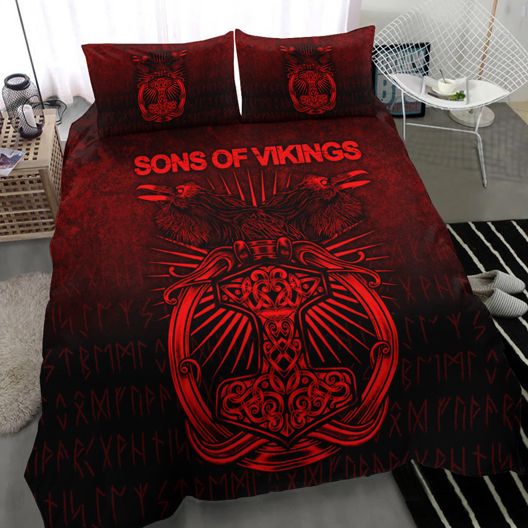 Viking Bedding Set Vikings Ravens Mjolnir Red Version