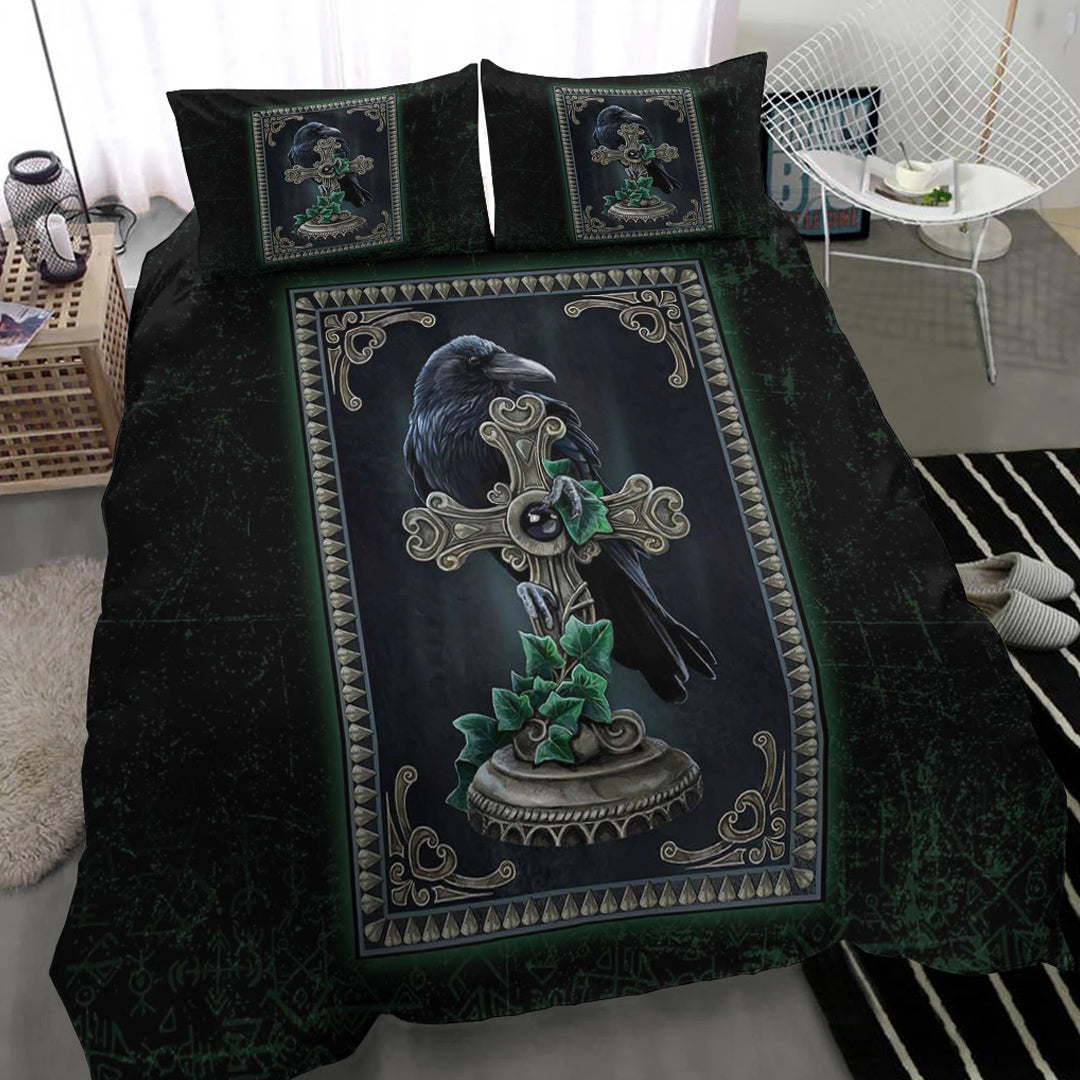 Viking Bedding Set Viking Raven Celtic and Cross Green Style