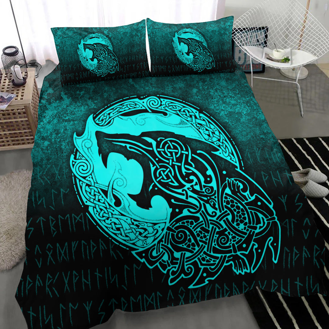 Viking Bedding Set Fenrir Viking 3D Tattoo Cyan Version