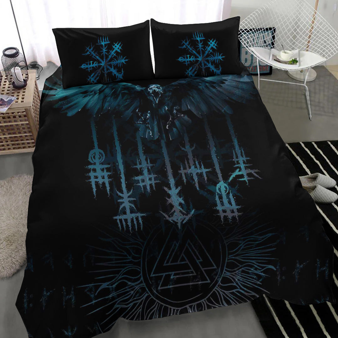 Viking Bedding Set Raven and Valknut Cyan Style