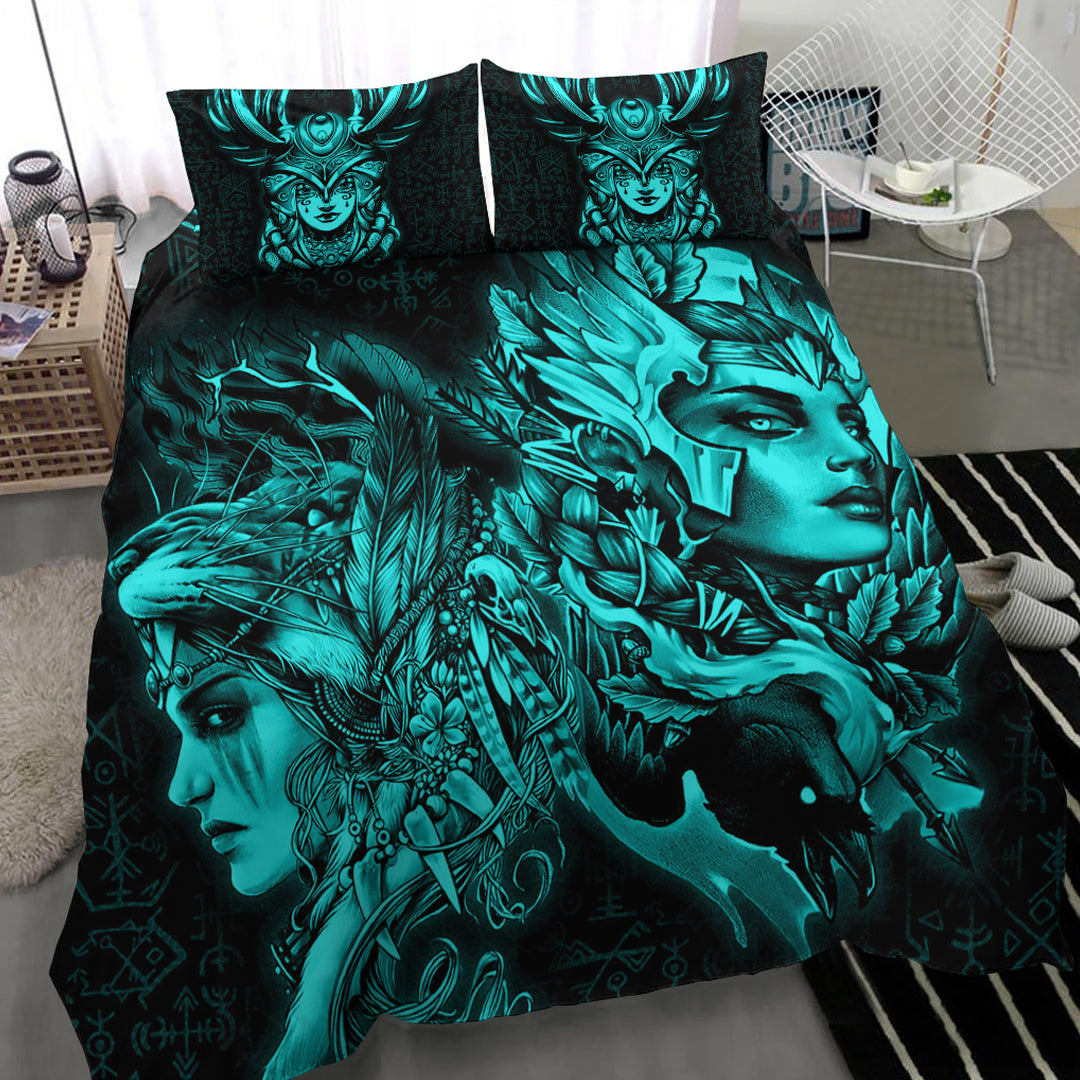 Viking Bedding Set Valkyries And Bear Raven Turquoise Ver02