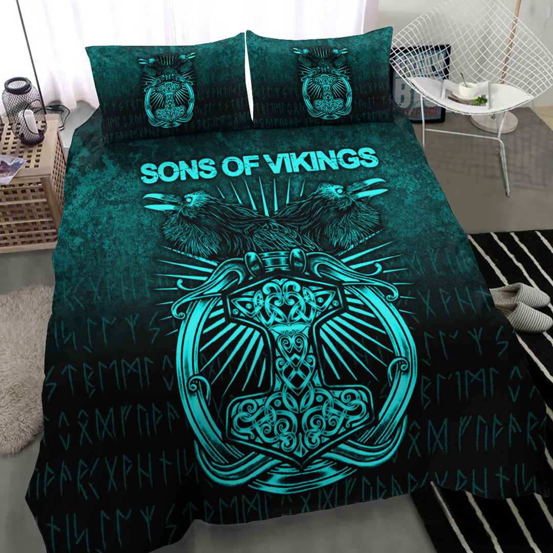 Viking Bedding Set Vikings Ravens Mjolnir Cyan Version