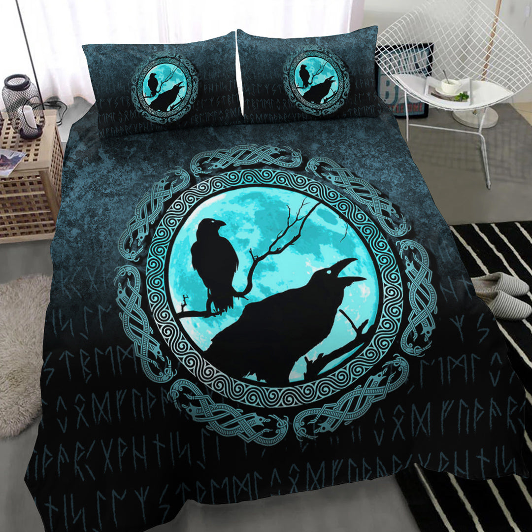 Viking Bedding Set Vikings Huginn Muninn Odin’s Ravens Cyan Version