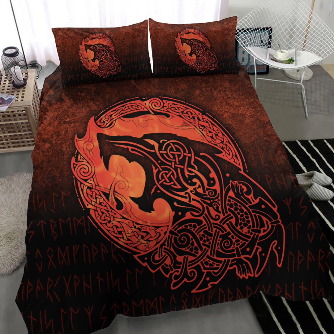 Viking Bedding Set Fenrir Viking 3D Tattoo Orange Version