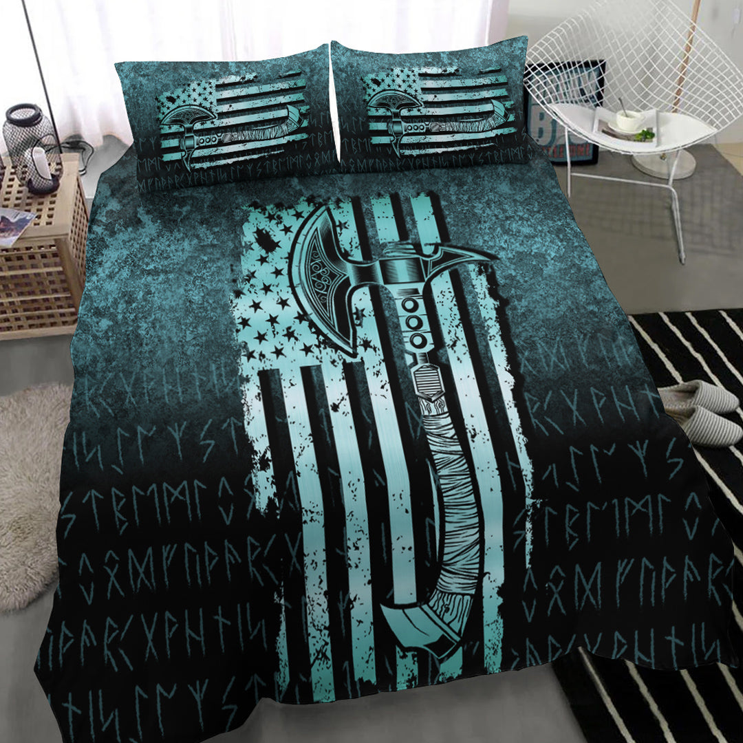 Viking Bedding Set USA Flag Viking Cool American Norsemen Cyan Version