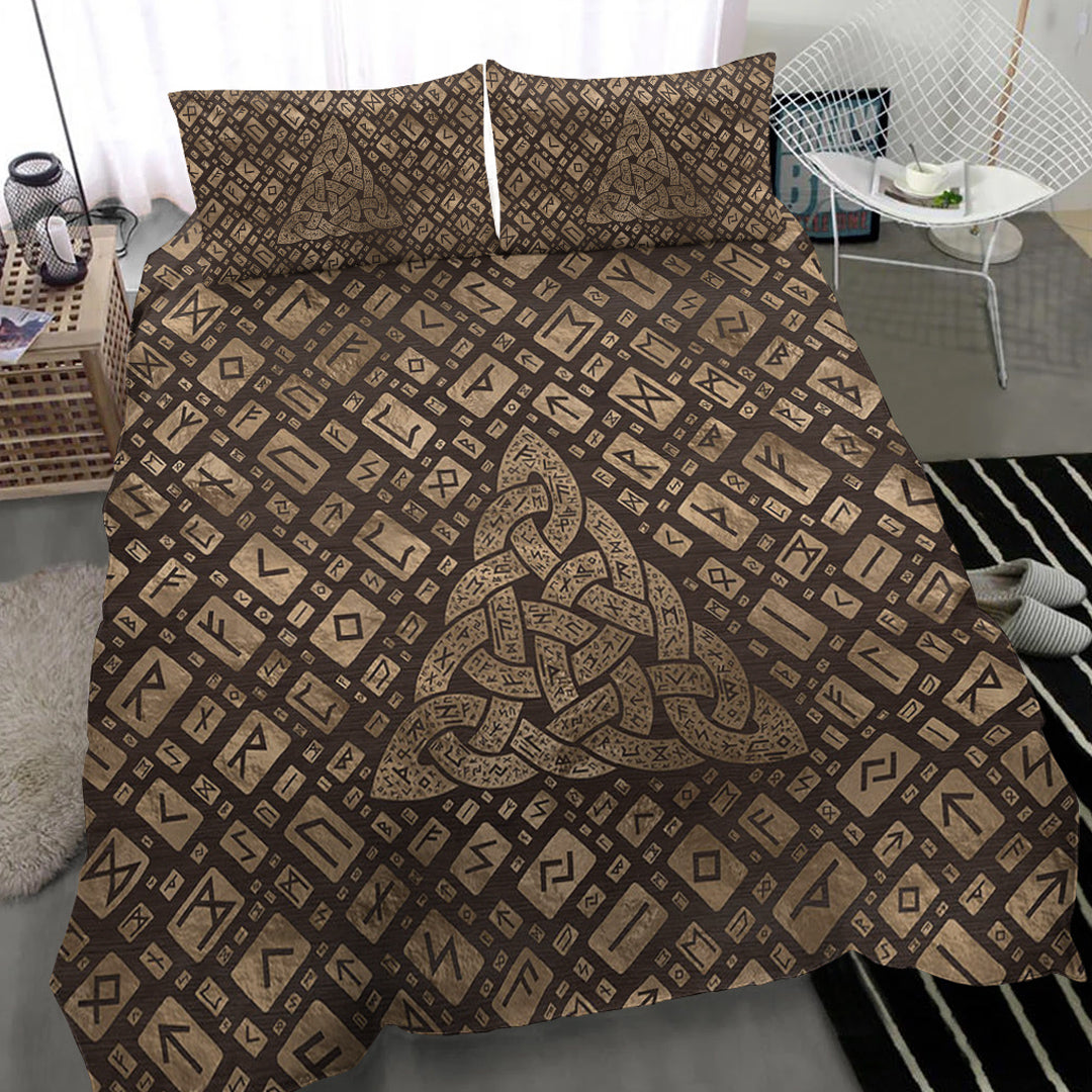 Viking Bedding Set Triquetra & Runic Alphabet Wood and Gold