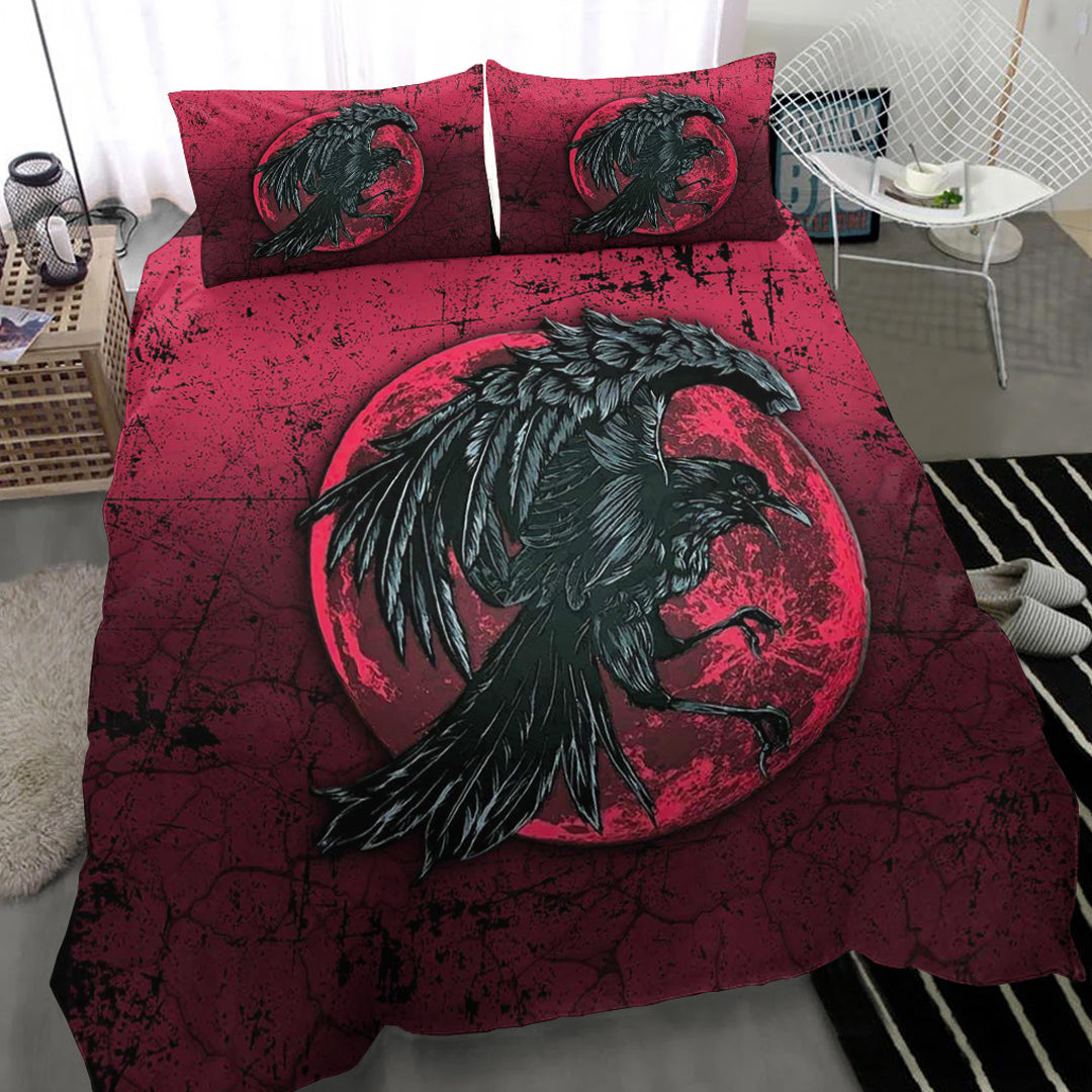 Viking Bedding Set Raven and Blood Moon Brush Style