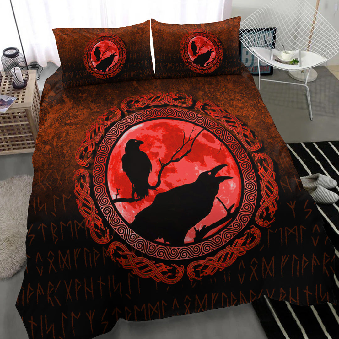 Viking Bedding Set Vikings Huginn Muninn Odin’s Ravens Red Version