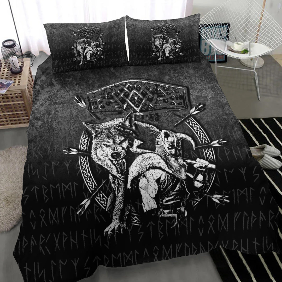 Viking Bedding Set Fenrir Wolf Of Odin Norse Runes Thor Hammer Mjolnir