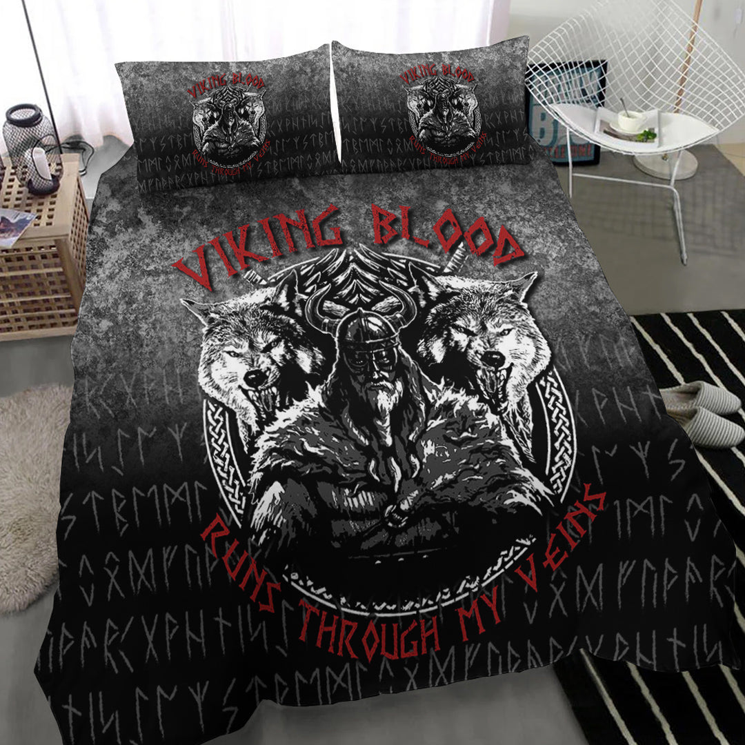 Viking Bedding Set Odin Geri And Freki Wolfs Viking Blood Runs Through My VeinsBedding Set