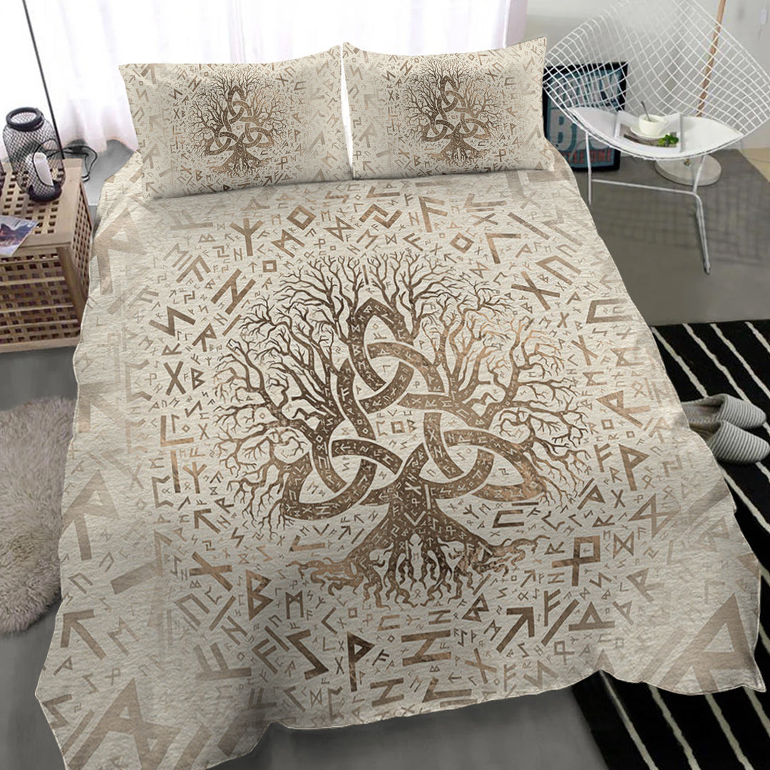 Viking Bedding Set Tree of Life with Triquetra and Futhark Pastel Gold