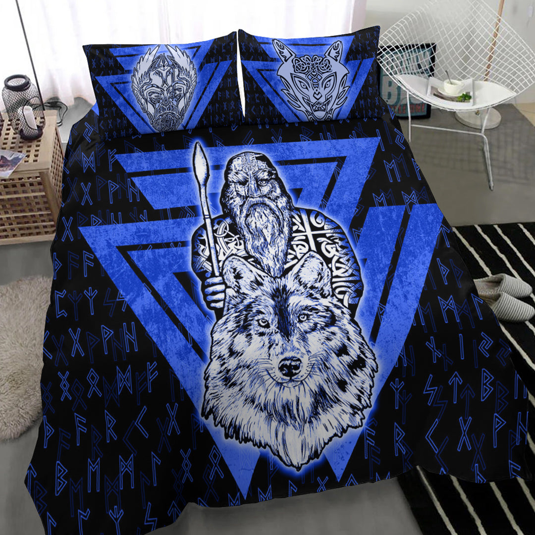 Viking Bedding Set Viking Odin Wolf Blue