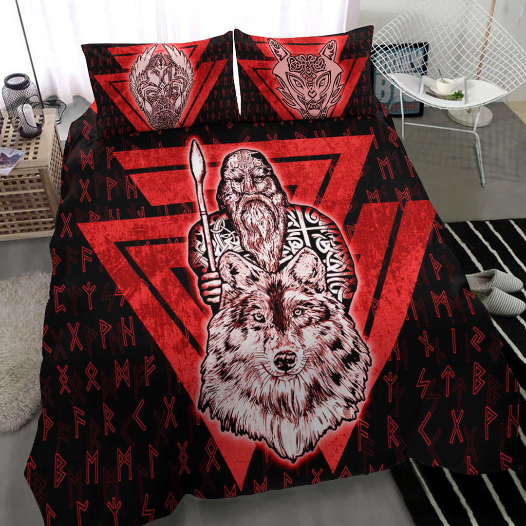 Viking Bedding Set Viking Odin Wolf Red