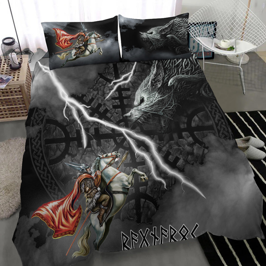 Viking Bedding Set Odin and Fenrir Thunder Background