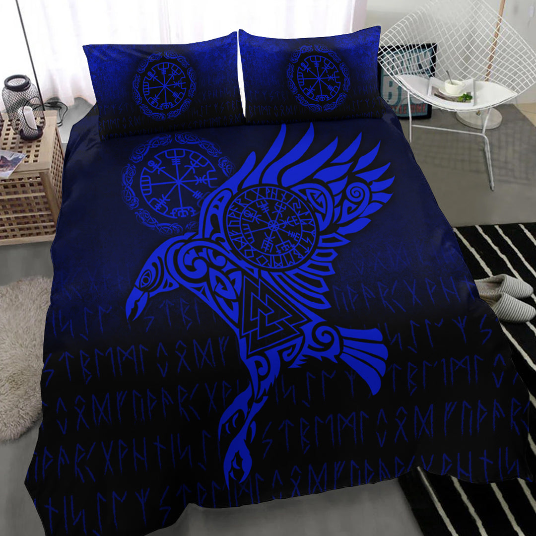 Viking Bedding Set Raven Vegvisir Tattoo Blue Version