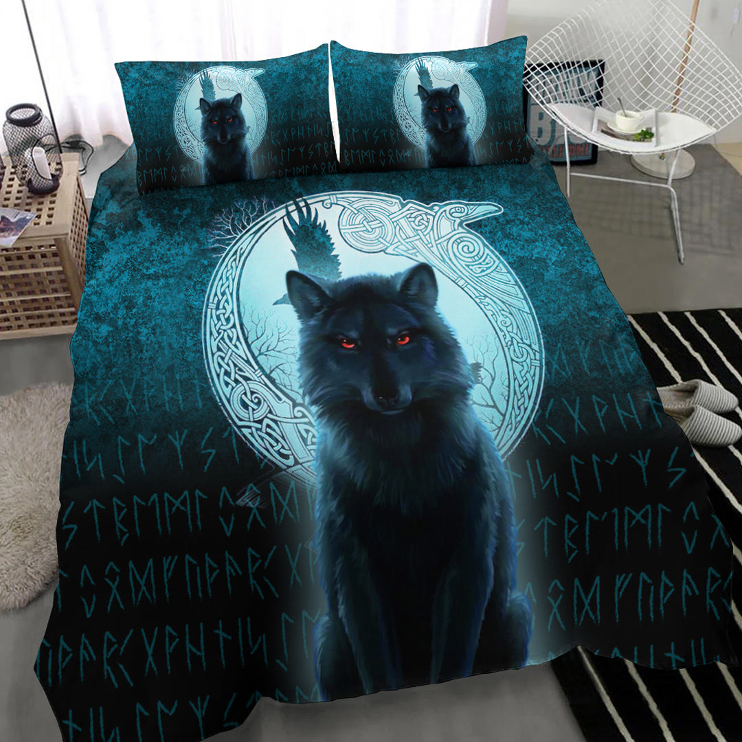 Viking Bedding Set Fenrir Viking Wolf Cyan Version