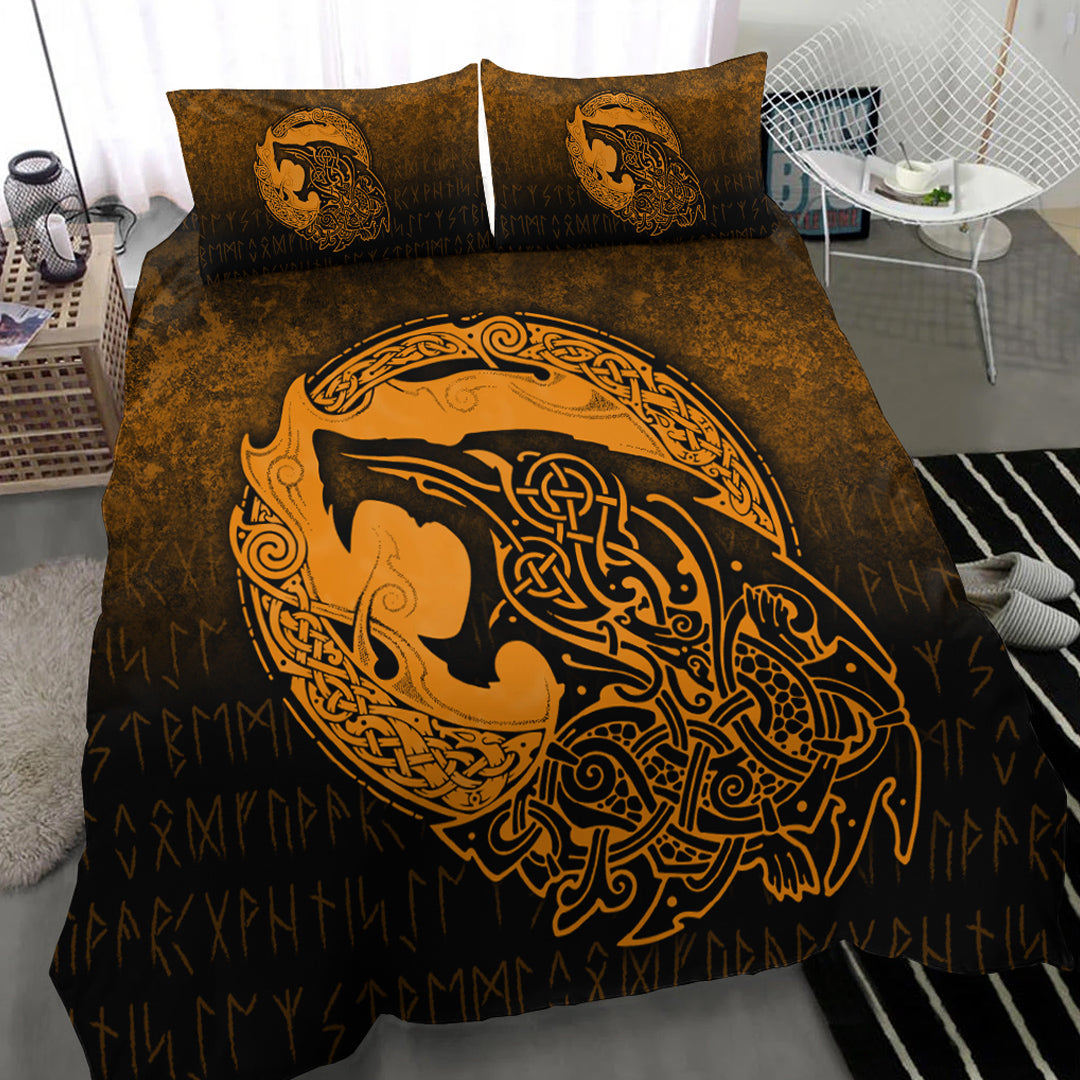 Viking Bedding Set Fenrir Viking 3D Tattoo Gold Version